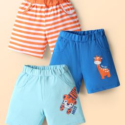 Doodle Poodle 100% Cotton Knit Knee Length Shorts With Stripes & Animal Printed Pack Of 3 - Orange Blue & Light Blue-image-66