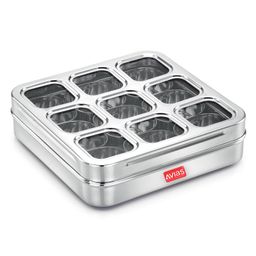 Avias Stainless Steel Spice Box with 9 Square Large (Design) | 9 Comparments | Rust-free see-through lid | Break-resistant acrylic sheet | Durable Masala dani |Masala dabba| Dry fruit box | Kitchen Organiser-image-0