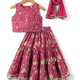 Babyhug Cotton Knit Sleeveless Choli with Lehenga and Dupatta Set with Cambric Print & Foral Embroidery - Dark Pink-image-59