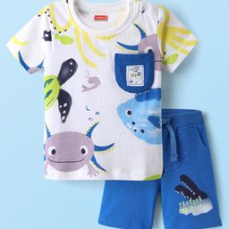 Babyhug Single Jersey Knit Half Sleeves T-Shirt & Shorts Set with Sea Life Print - White & Blue-image-75