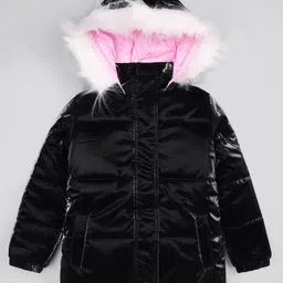 Primo Gino Woven Full Sleeves Fur Hooded Solid Padded Jacket - Black-picture-48
