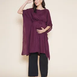 Mine4Nine Rayon Woven Half Batwing Sleeves Solid Maternity Kaftaan Top With Nursing Access & Coordinating Pant Set - Wine-picture-47