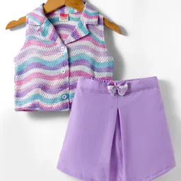 twetoons Tweetoons Woven Sleeveless Top & Skort Set with Bow Applique & Abstract Print -Purple-picture-8