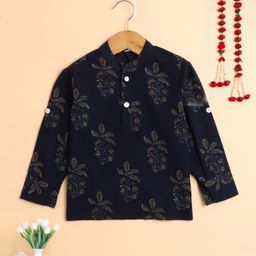 The Magic Wand Cotton Woven Full Sleeves Leaves Printed Kurta - Navy Blue-image-55