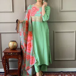 KALINI Women Ethnic Motifs Embroidered Regular Thread Work Kurta with Trousers & With Dupatta-48