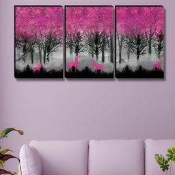 SAF Black & Pink 3 Pieces Floral & Tree Printed Wooden Wall Art-image-43