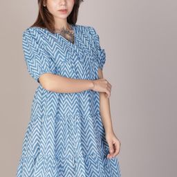 Limeroad Women Blue Ethnic Printed Cambric V Neck Dress-image-1