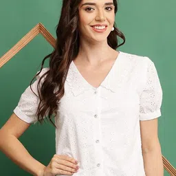 SHAHVEER CREATION Schiffli Shirt Style Crop Top-image-78