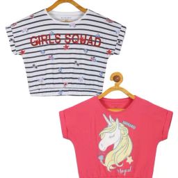 Plum Tree Kids Pink & White Cotton Printed Crop Top (Pack of 2)-image-64