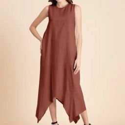 Moomaya Peach Regular Fit High-low Dress-image-89