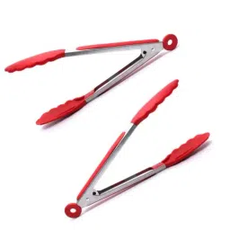 Femora Red & Silver Silicone Tongs with Grip Handle - Set of 2-5