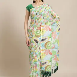 Vastranand Blue & Green Printed Saree With Unstitched Blouse-picture-4
