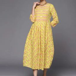 Indo Era Yellow Cotton Printed A-Line Dress-image-27