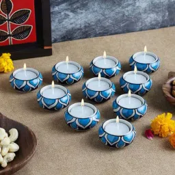 VarEesha Earthen Sparkle Blue Ceramic Tea Light Holder - Set of 10-13