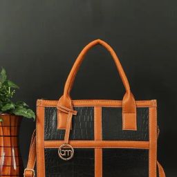Bagsy Malone Croco Black & Tan Textured Medium Tote Handbag-38
