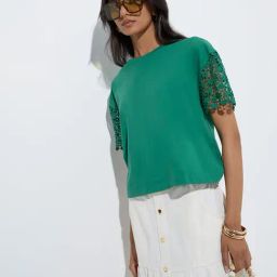 LOV by Westside Green Floral Lace Cotton T-Shirt-picture-23