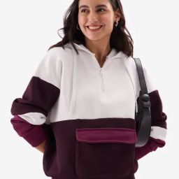 The Souled Store Wine & White Cotton Color-Block Oversized Hoodie-picture-1