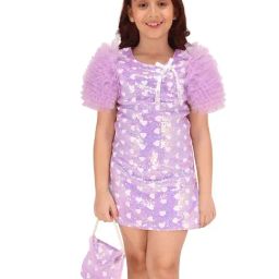 Cutecumber Girls Purple Embellished Dress With Bag Set-image-6