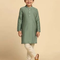 KISAH Kids Green & White Cotton Regular Fit Full Sleeves Kurta Set-image-51