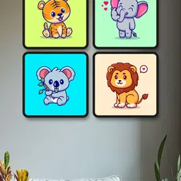 SAF Blue & Green 4-Pieces Cute Animals Printed Framed Wall Art-picture-49