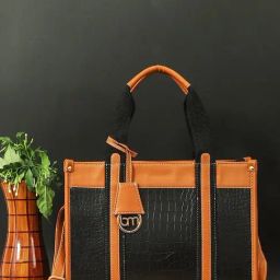 Bagsy Malone Croco Black & Tan Textured Medium Tote Handbag-67