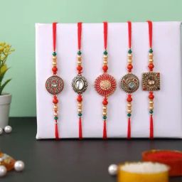 Aapno Rajasthan Bead & Kundan Work Set of 5 Rakhi-image-94