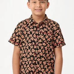 Kate & Oscar Kids Black & Yellow Cotton Floral Print Shirt-image-35