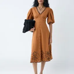 Bombay Paisley by Westside Tan Floral Design Cotton A-Line Dress-picture-14