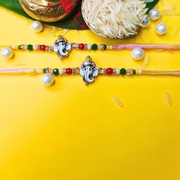 MANSIYAORANGE Set Of 2 AD Stones Studded & Beaded Cotton Thread Rakhi-42