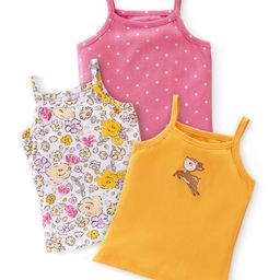 Babyhug 100% Cotton Knit Single Jersey Sleeveless Slips  With Floral & Deer Print Pack Of 3 - White Pink & Yellow-image-97