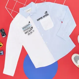 Pantaloons Junior Full Sleeves Colour  Blocked Text Printed Shirt - White & Blue-picture-5