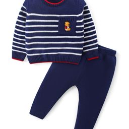 Babyhug Knitted Full Sleeves Striped Pullover Sweater Set - Navy Blue-image-11