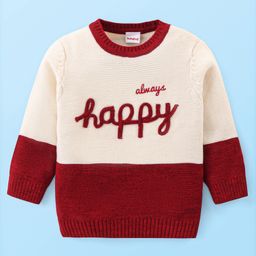 Babyhug Knitted Full Sleeves Pullover Sweater with Colour Block Design & Text Embroidery - Cream & Red-image-84