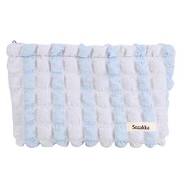 House of Quirk Makeup Bag Cute Makeup Bag Small Cosmetic Pouch Aesthetic Stuff Puffy Preppy Makeup Bag (White/Blue)-picture-9