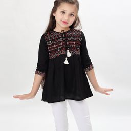 ISHTI Rayon Three Fourth Sleeves Abstract Embroidered Top - Black-image-19