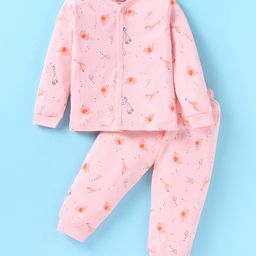 Mini Donuts Cotton Knit Full Sleeves Front Open Night Suit With Giraffe Print - Baby Pink-image-3