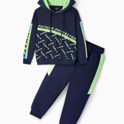 Ollington St. 100% Cotton Knit Full Sleeves Hooded Sweatshirt & Joggers SetText Print - Navy Blue-picture-21