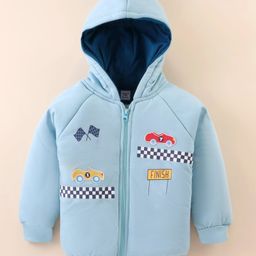 Cucumber Taffeta Woven Full Raglan Sleeves Hooded Sweatjacket with Cars Patch Detailing - Sky Blue-image-22