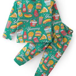 Babyhug Cotton Knit Full Sleeves Night Suit with Pop Corn & Text Print- Green-image-53