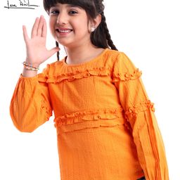 Arias Cotton Woven Full Sleeves Solid Color Seersucker Top with Ruffles - Orange-image-31