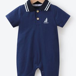 Mark & Mia Half Sleeves Solid Colour Polo Neck Romper - Navy Blue-image-43