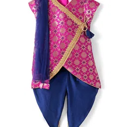Saka Designs Jacquard Half Sleeves Foil Printed Kurta & Patiala Set with Dupatta & Tassle Detailing - Magenta & Navy Blue-picture-38