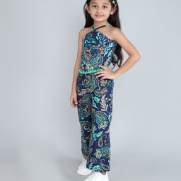 Taffykids Halter Neck Paisley Printed Lace Detailed Back Tie Up Ethnic Top & Solid Palazzo Set - Multi Colour-image-69
