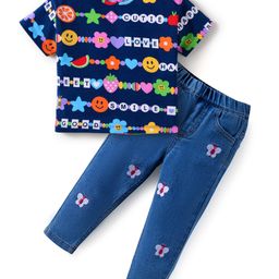 Babyhug Single Jersey Knit Half Sleeves T-Shirt & Jeans Set With Bracelet Print & Butterfly Embroidery - Navy Blue-image-41