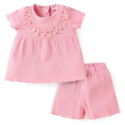 Babyhug Single Jersey Knit Half Sleeves Textured Top & Shorts with Frill Detailing - Pink-image-26
