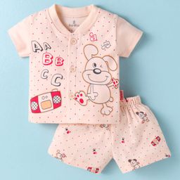 Child World Interlock Knit Half Sleeves Shorts Night Suit With Animal & Polka Dot Print - Peach-image-43