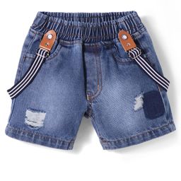 Little Kangaroos Knee Length Solid Denim Shorts With Distressed Pattern & Suspender - Navy Blue-image-98
