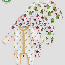Kidbea 100% Organic Cotton Pack Of 3 Full Sleeves Baby Dinosaur & Pizza Printed Rompers - Multi Colour-picture-28