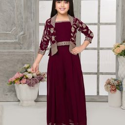 Tiny Kingdom Georgette Floral Embroidered Top Palazzo With Three Fourth Sleeves Jacket Set - Wine-picture-21
