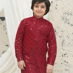 AJ Dezines Cotton Blend Full Sleeves Floral Embroidered & Sequins Embellished Kurta - Maroon-picture-33